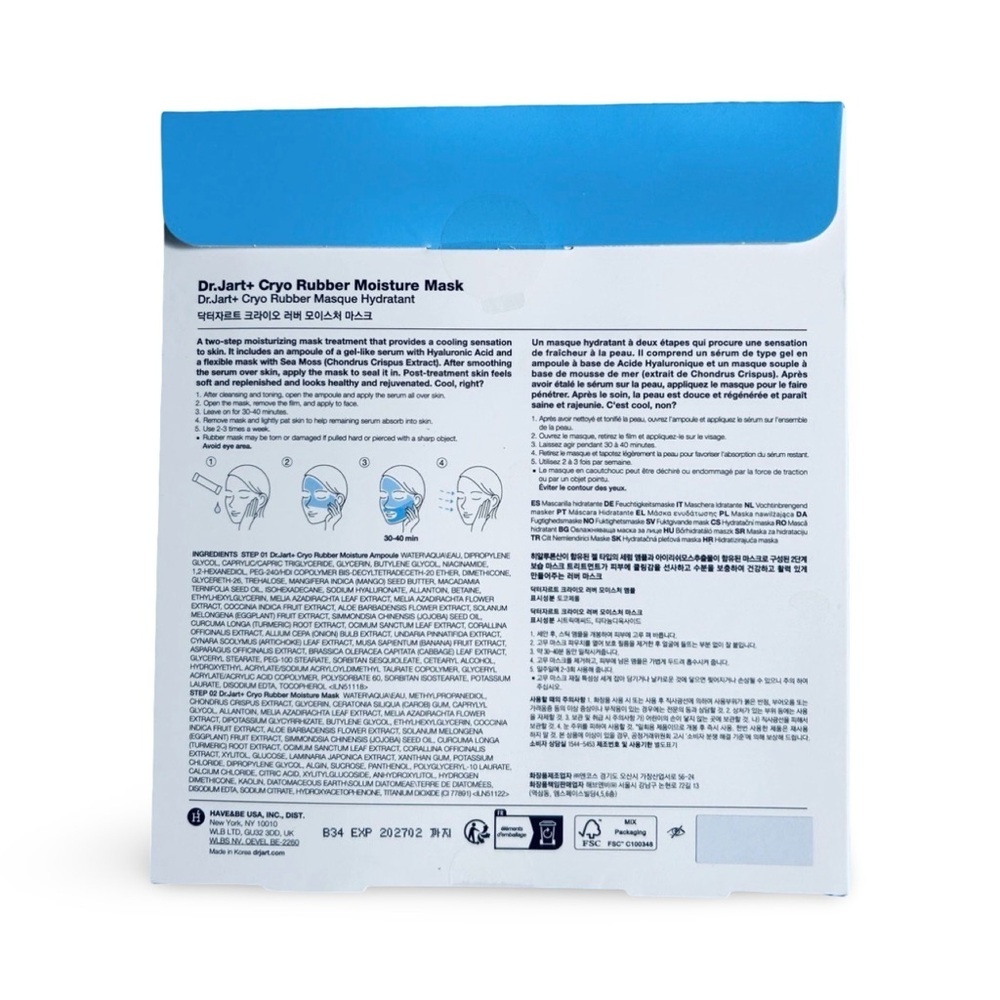 NEW! Dr Jart+ Cryo Rubber Moisture Mask with Hyaluronic Acid Made in Korea - Picture 2 of 2